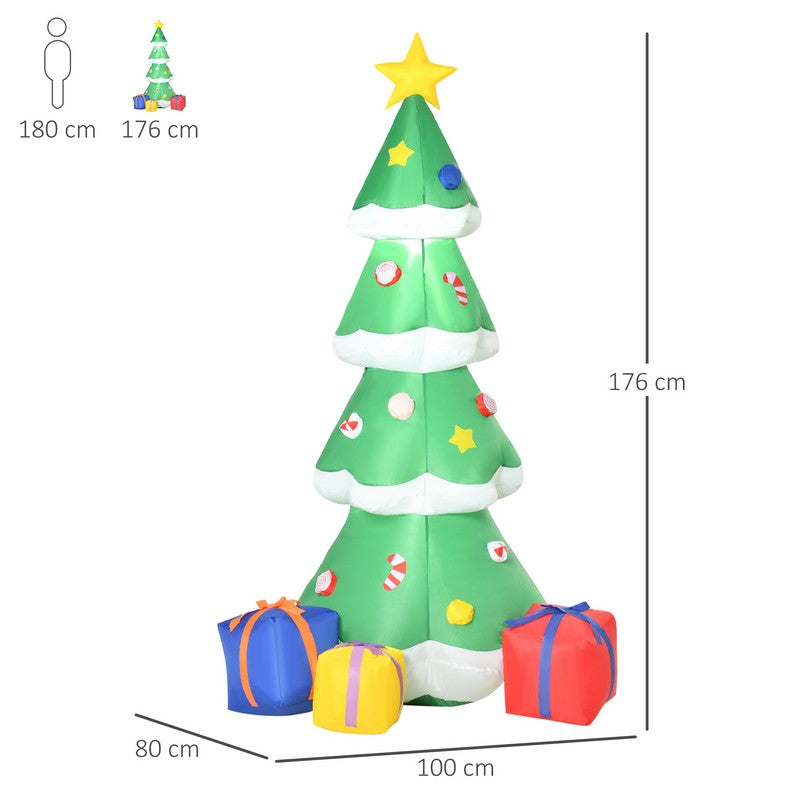 Homcom 6ft Tall Inflatable Christmas Tree with Star and Multicolour Gift Boxes Huge Lighted Outdoor Decoration with 3 Built-in LED Lights Xmas Inflatables Toy in Yard Lawn Garden